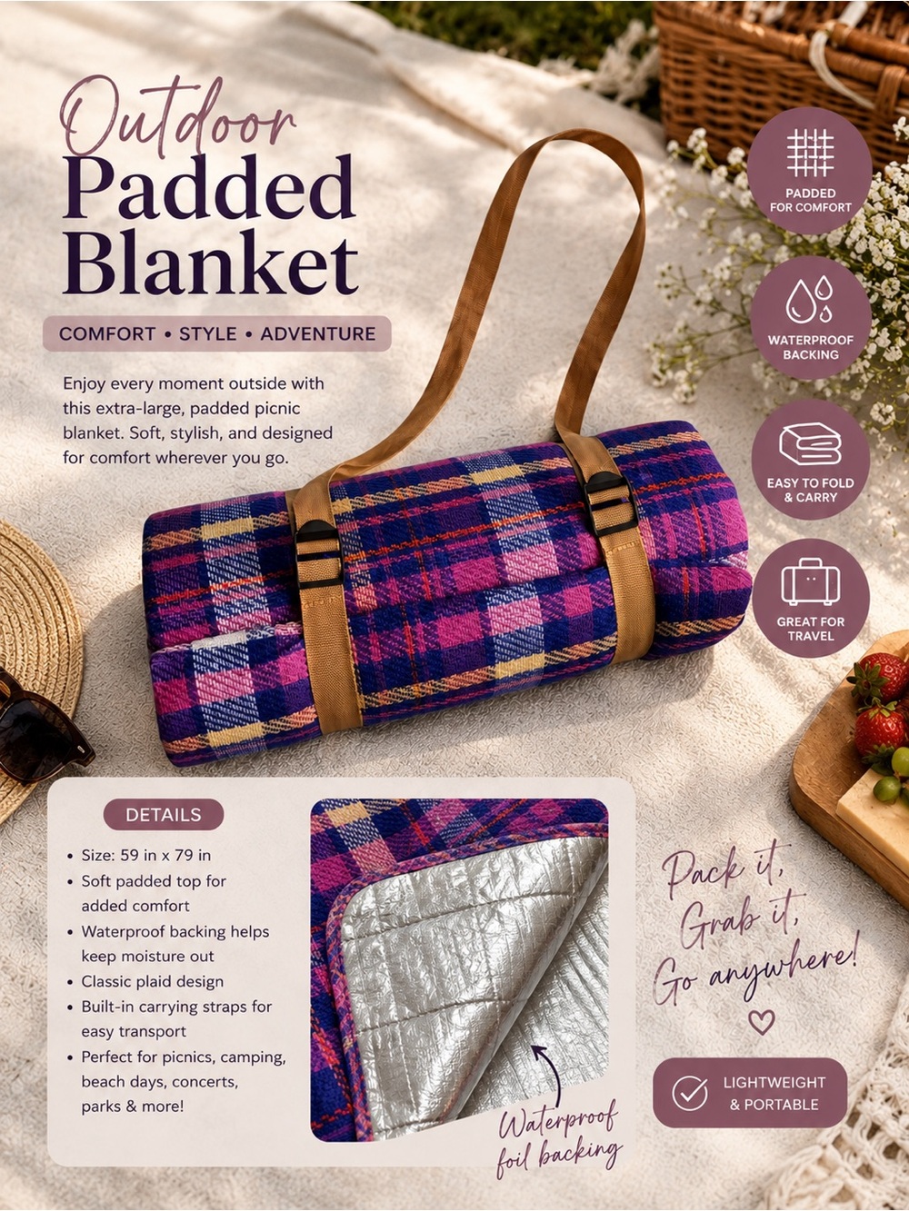 Outdoor Padded Plaid Picnic Blanket - Purple Pink Plaid